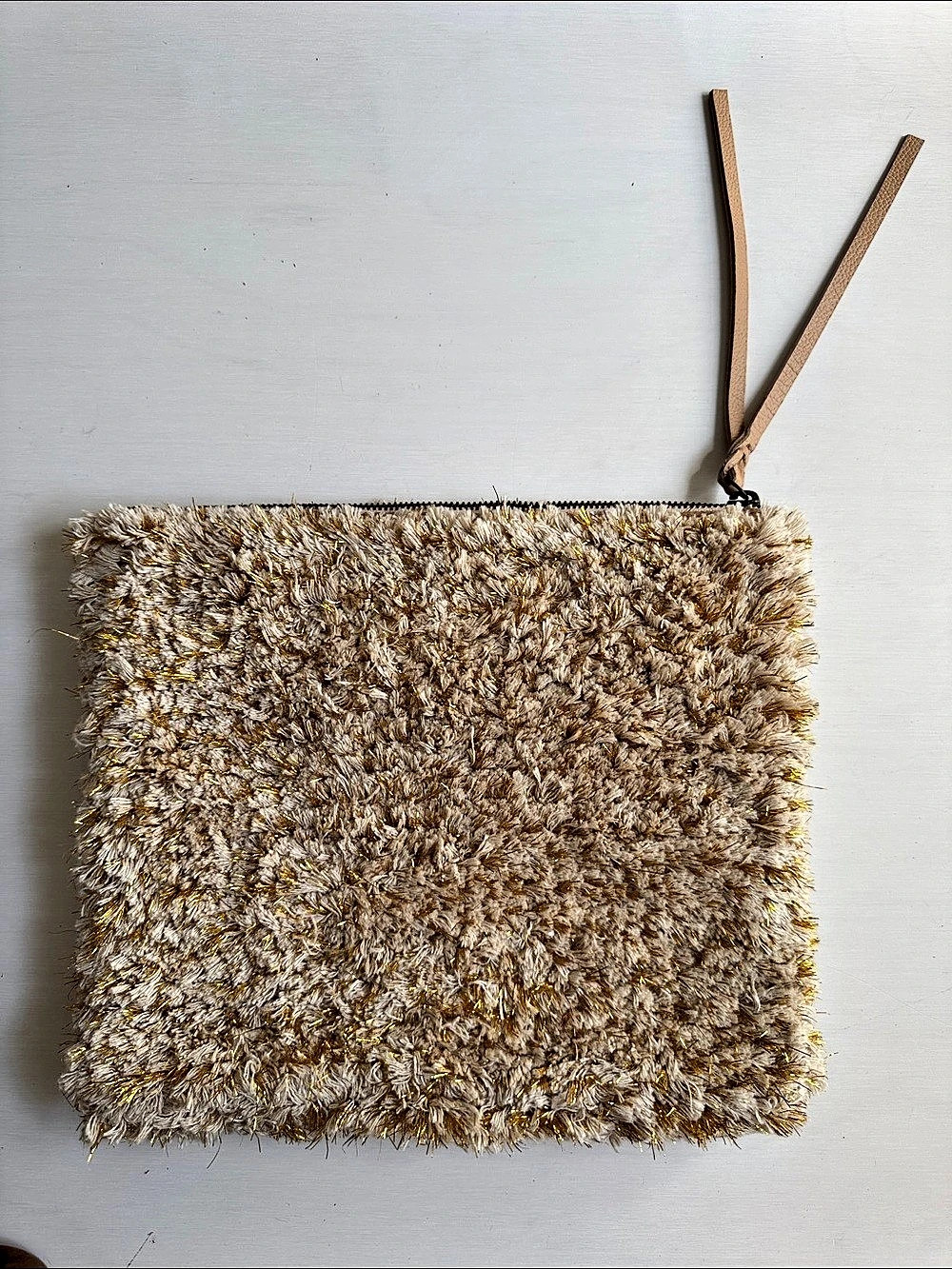 Cleobella Fringe Zip Pouch in Cream & Gold Shag